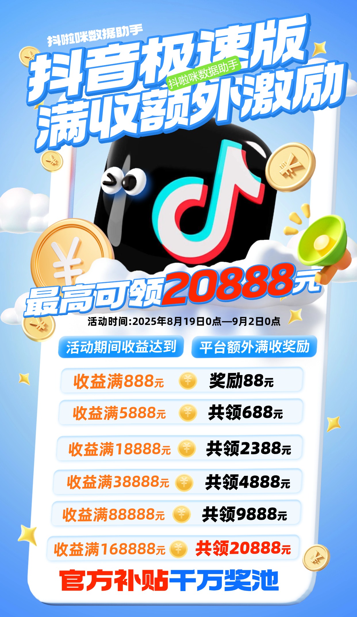 抖音极速版拉新，每单15元，平台额外满收奖励，最高可领20888元