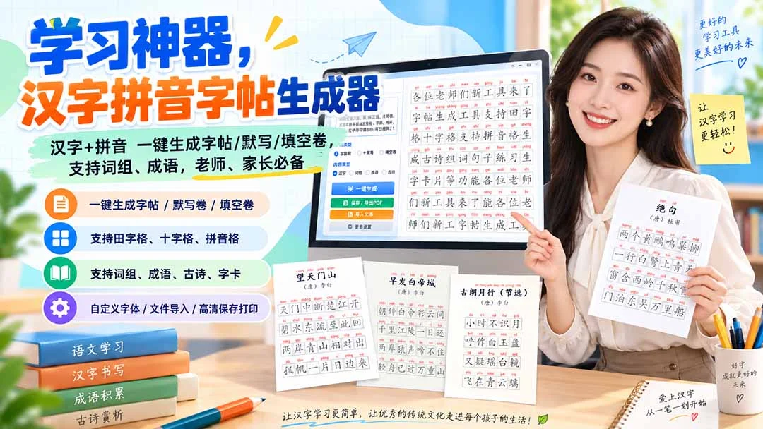 汉字拼音字帖生成器，自己在家就能给孩子做练习纸(图2)